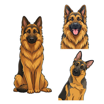 German Shepherd Dog Vector Set Featuring Full Body Sitting Happy Portrait and Curious Head Tilt Expressions