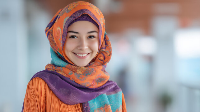 Smiling Muslim woman wearing a colorful hijab and modest clothing in a bright indoor setting, representing diversity, cultural identity, confidence, community, and modern lifestyle.