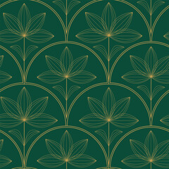 Fototapeta premium Art Deco Outline lotus flowers on fan shapes seamless pattern over emerald green. For wallpaper, home décor and wedding invitations