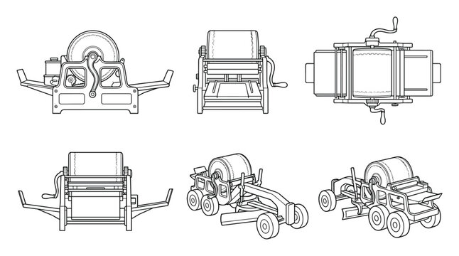 Minimal outline drawing mimeograph machine, six views hand-cranked