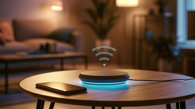 Modern wireless router with glowing wifi signal icon on a table in a cozy living room smart home internet connection technology interior smartphone communication
