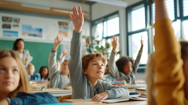 Elementary school boy raising his hand eagerly in a bright classroom, surrounded by classmates, representing education, participation, learning, curiosity, confidence, and academic engagement.