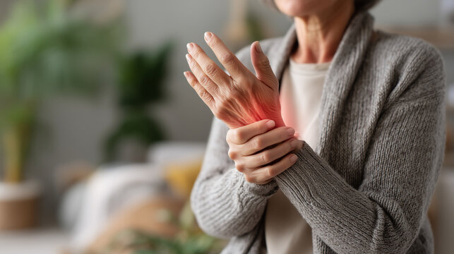 Adult woman experiencing wrist pain and discomfort while holding her injured wrist, representing joint problems, repetitive strain, musculoskeletal health, healthcare, and rehabilitation.