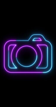 Vertical Neon Camera Icon Animation on Black Background &ndash; Glowing Photography Symbol, Digital Photo Outline, Seamless Loop, 4K Vertical with Alpha