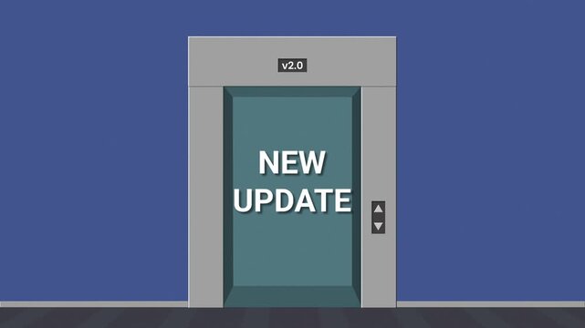 Elevator doors opening with New Update text and software version counter. Technology upgrade motion graphic design.