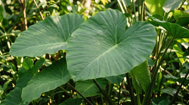 Large green tropical elephant ear plant leaves growing in lush garden, exotic foliage texture, nature, botanical vegetation, summer jungle environment, fresh organic flora