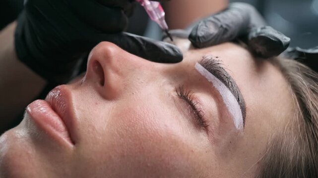 Permanent makeup artist performs an eyebrow tattoo procedure after mapping the shape, creating natural brows with a PMU machine in a professional beauty studio.