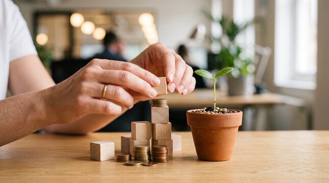Man stacks wooden block on coin tower next to small green plant in pot, financial growth, business investment.
