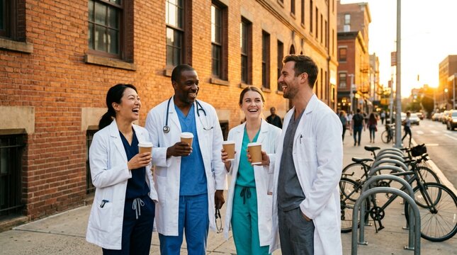 Diverse medical team in white coats and scrubs sharing laughter over coffee cups on a sunny city sidewalk outside a brick hospital building