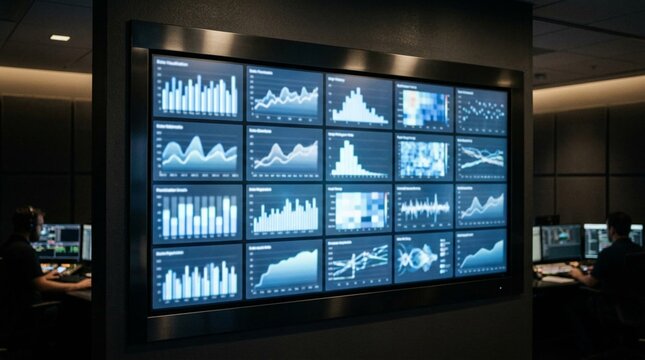 Wall-mounted digital dashboard displaying glowing rectangular data panels with bar graphs, charts, and analytics in dim control room with workstations