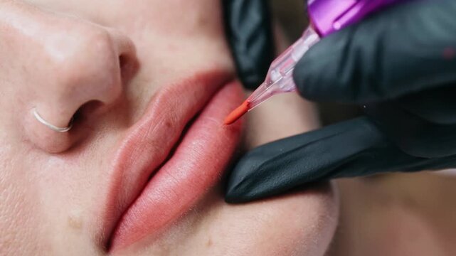 Macro close up of a permanent makeup artist performing a lip blush tattoo procedure with a PMU machine in a professional beauty salon.