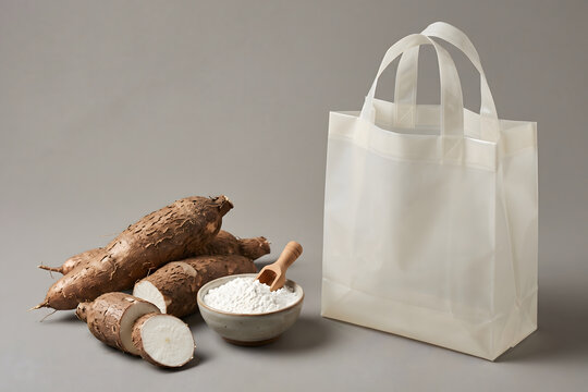 Cassava root transformed into a biodegradable bag.