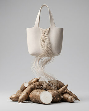 Cassava root transformed into a biodegradable bag.