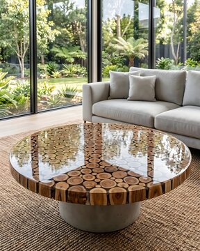 Epoxy resin coffee table with wood slice mosaic and concrete base, in living room with balanced light.