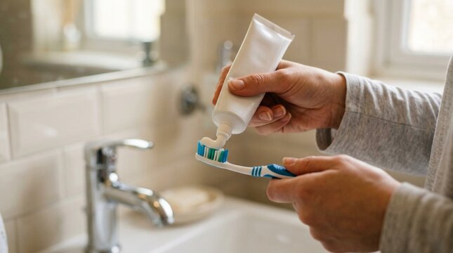 Close-up of person squeezing white toothpaste onto bristles of toothbrush at softly lit bathroom sink with chrome faucet, daily oral hygiene routine