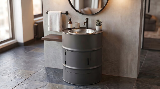 Minimalist industrial bathroom sink vanity repurposed from clean metal drum.
