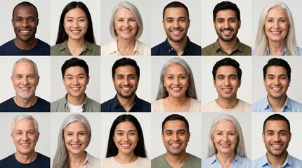 Fototapeta premium Collage of smiling people of different ethnicities and age groups.