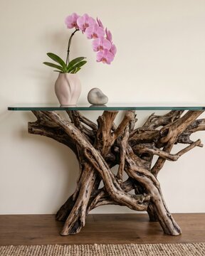Sustainable Console Table Made with Reclaimed Tree Roots and Glass.