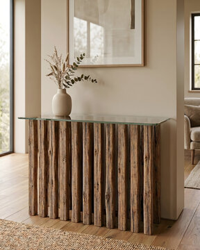 Sustainable Console Table Made from Reclaimed Wood with Glass Top.