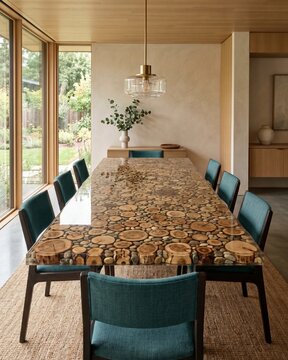 Sustainable Dining Table Made with Reclaimed Wood, Stones and Resin.