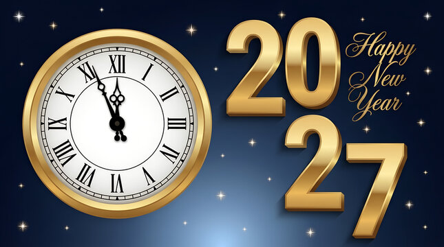 Golden clock face displaying midnight alongside the year 2027 in a festive