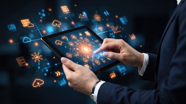 Businessman using tablet for digital transformation, cloud computing network connection, futuristic technology interface with data analysis icons, business innovation