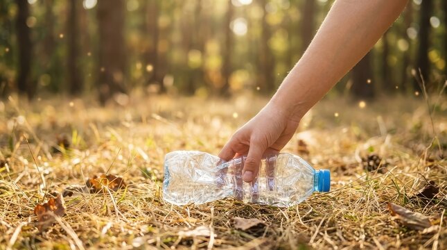 A hand picking up a discarded plastic bottle from the forest floor during sunset. Concept for environmental protection and waste management awareness campaigns.
