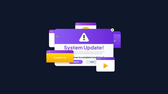 System update notification animation. Minimal OS desktop alert. Software reboot installation message. Multiple popups warning screen. Interactive dialog windows set. Web UI design. 4K