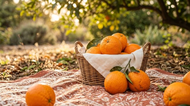 Fresh oranges in a wicker basket with a white cloth on a patterned picnic blanket.