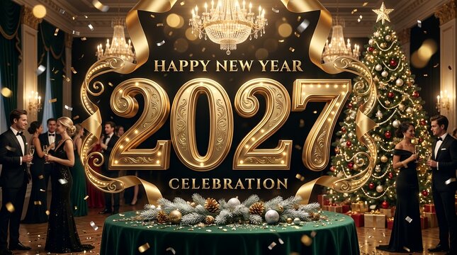 Golden numerals for two thousand twenty seven adorn a new year celebration