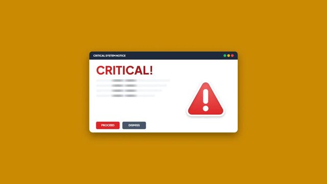 Critical system notice alert popup. Modern computer OS window interface. Cyber error threat notification. Urgent software problem message. Red exclamation triangle visual. UI alert dialog box element