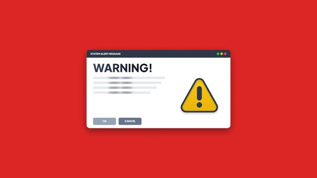 System alert warning notification. Modern computer OS popup. Cyber security threat error. Urgent system notice message. Yellow exclamation sign. UI alert dialog box element.Cybersecurity error window