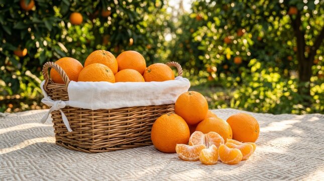Fresh oranges in a wicker basket lined with white cloth on a picnic blanket.