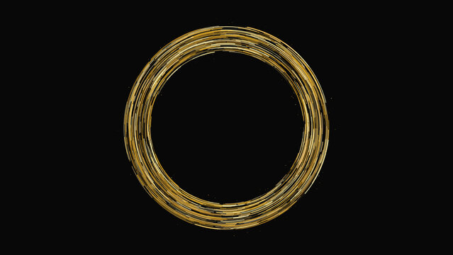 A circular frame made of thin golden metallic rings arranged in a concentric pattern isolated on a solid black background for