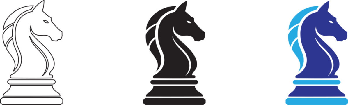 A set of three distinct chess knight icons presented in line art, solid black silhouette, and dual tone blue styles representing strategy, intelligence, and classic board games,