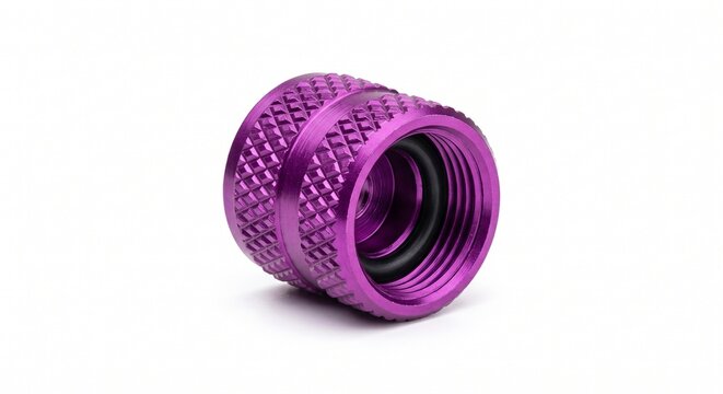 Anodized aluminum Schrader valve cap with aggressive knurling and internal rubber o-ring. Micro-machined pneumatic air hardware isolated on white.