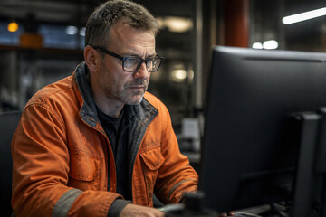 Fototapeta premium A middle-aged man wearing an orange jacket is looking intently at a computer monitor in an office or industrial setting.