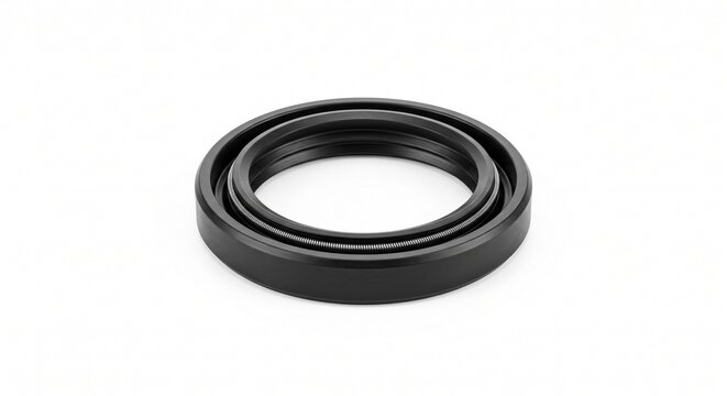 Macro of black nitrile rubber wiper seal with metal tension spring for hydraulic suspension fork. Precision industrial sealing hardware isolated on white.