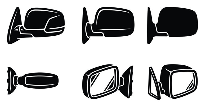 Car side mirrors icon set, black vector auto wing mirrors