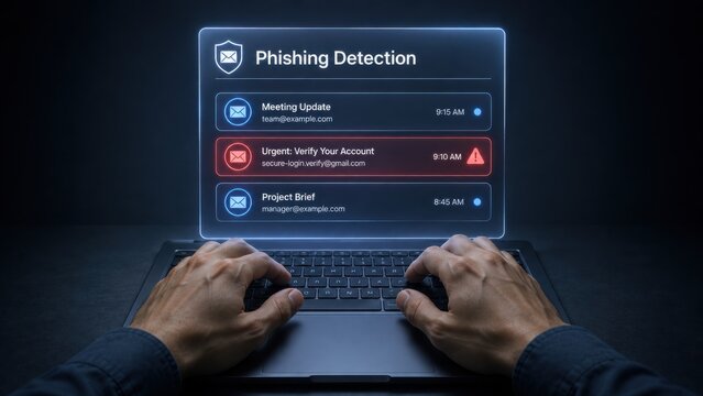 Phishing Detection Holographic Email List Flags Suspicious Message Above Keyboard