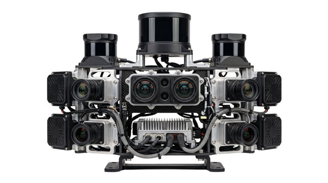 Autonomous vehicle lidar sensor array, multi-camera vision system for self-driving cars, advanced robotic perception hardware on white background