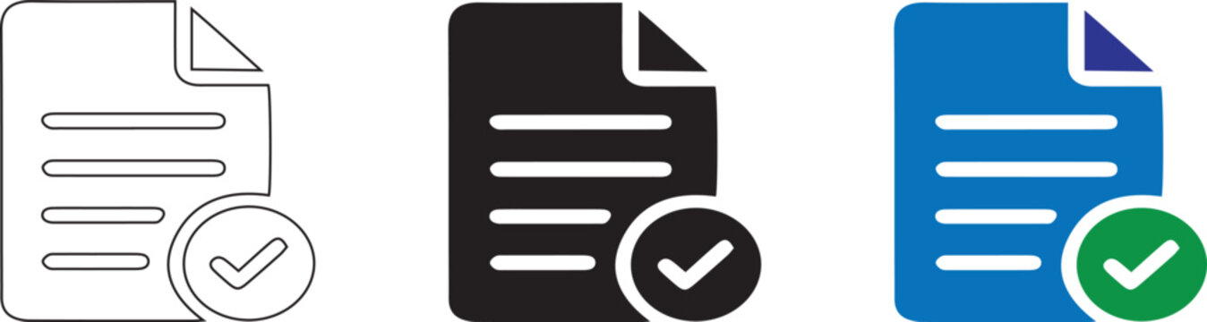 A collection of file document icons featuring a classic page design with an integrated checkmark symbol, available in outline, solid black, and colored variations.