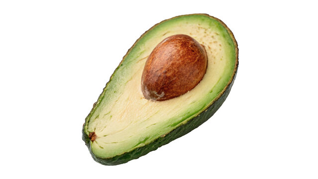Half cut slice of fresh organic green avocado isolated on transparent background.