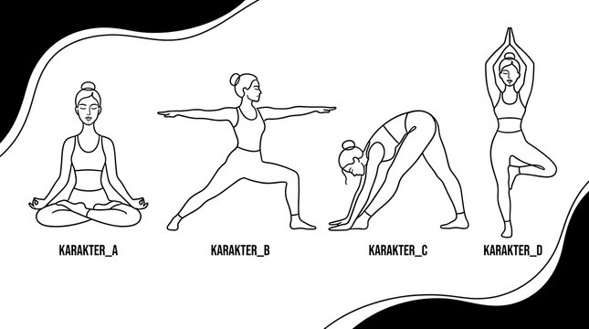Line art illustrations of various female yoga poses.