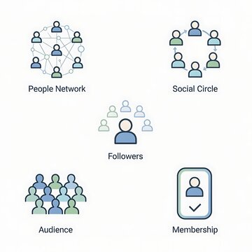 People network flat icons representing social connections and audience membership on a white background