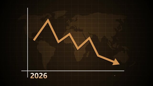 Downward line graph over a world map with 2026 to 2027, Global decline trend on a dark background, World map with falling trend line and 2026 to 2027
