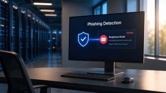 Phishing Detection Monitor in Server Room Shows Suspicious Email Blocked Alert