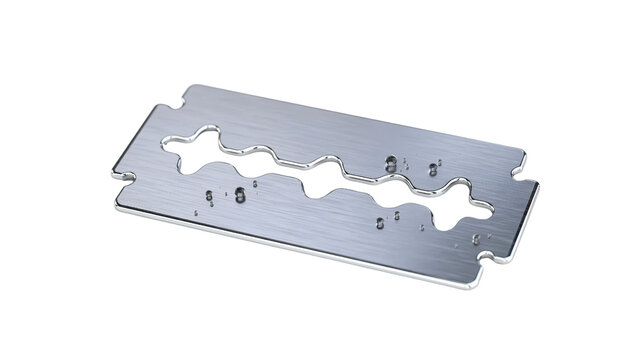 Single sharp stainless steel razor blade with textured metallic finish and small water droplets positioned at a slight angle for a professional look on transparent background