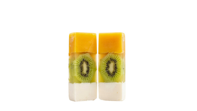 Two refreshing rectangular fruit popsicles featuring vibrant green kiwi slices and smooth orange mango layers standing upright in a clean studio shot on transparent background