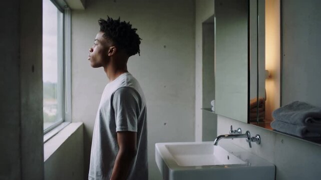 Gazing African American man in light grey T-shirt peering through bathroom window, with sink mirror